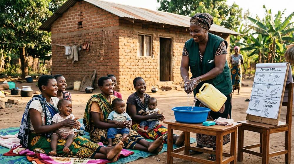 A community health worker teaching hygiene to mothers