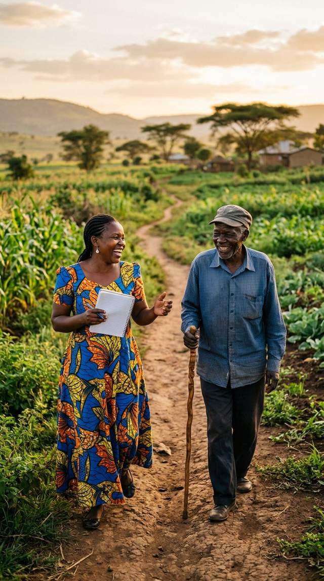 A HopeSpring community organizer walking with an elderly community member