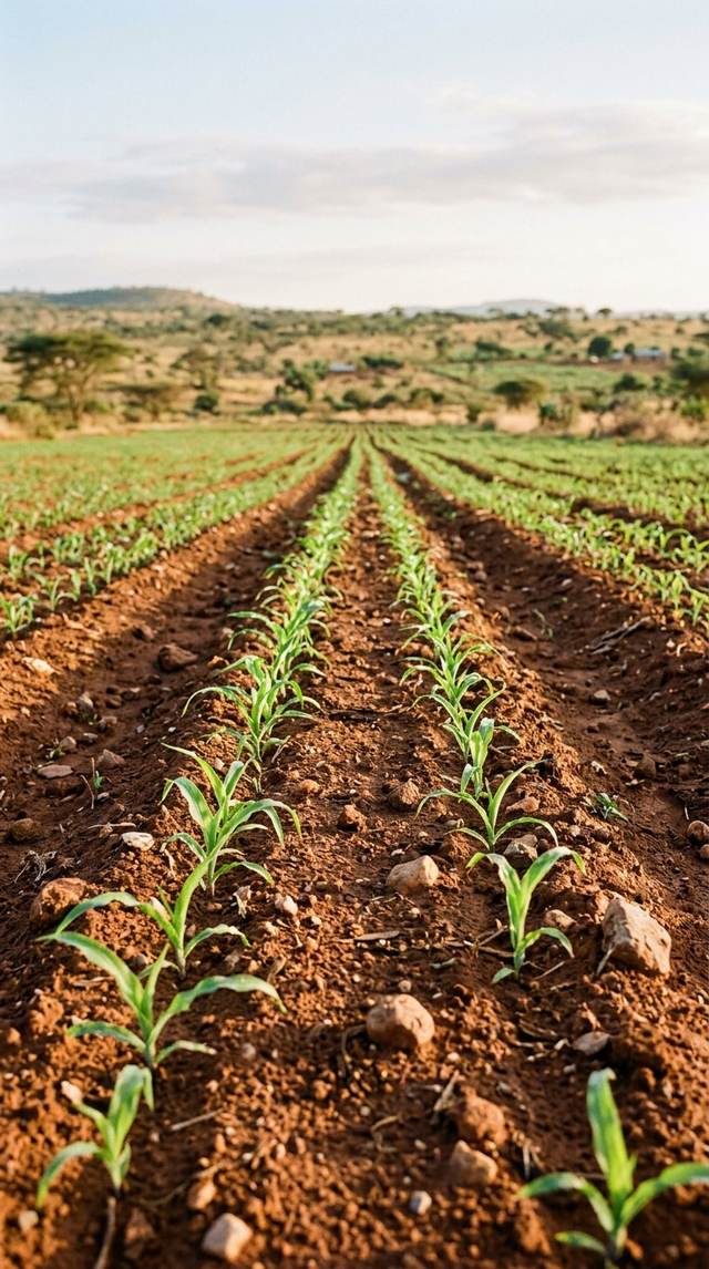Young crops growing in neat rows in a community field